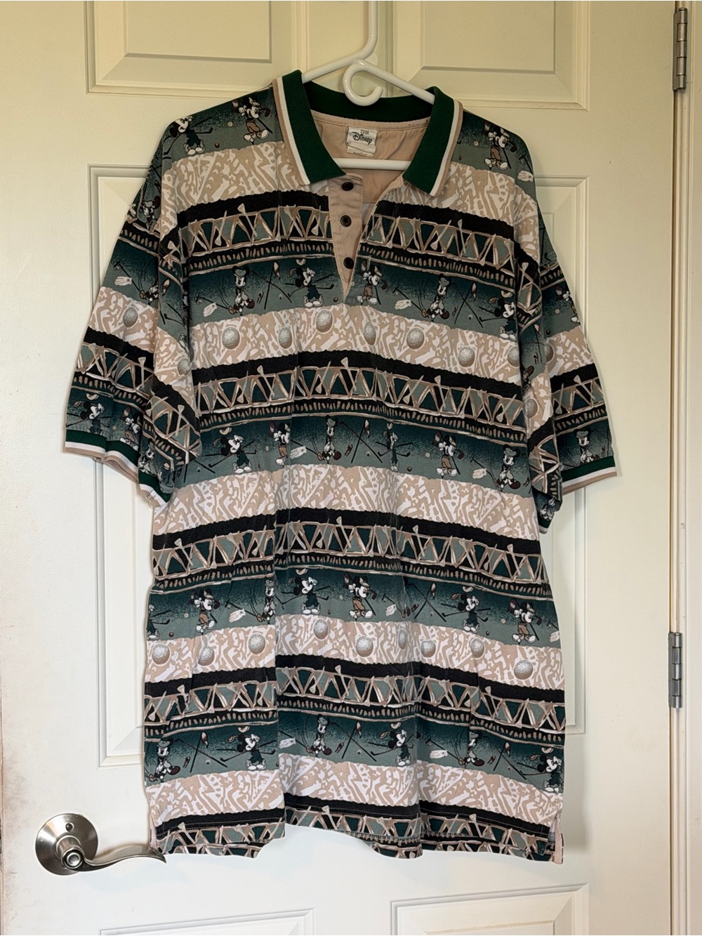 Disney Green, Beige & Black Patterned Men's Polo Shirt with golfing Mickey Mouse